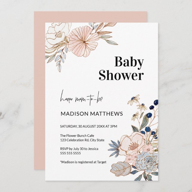 Elegant Floral Baby Shower Celebration Invitation (Front/Back)