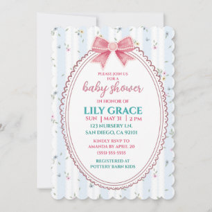 Elegant Floral Baby Shower Pink Bow Shabby Chic Invitation