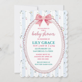 Elegant Floral Baby Shower Pink Bow Shabby Chic  Invitation