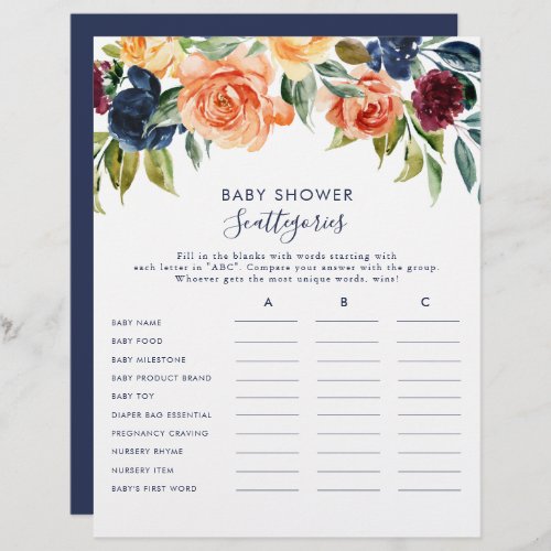 Elegant Floral Baby Shower Scattegories Game 
