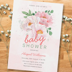 Elegant Floral Baby Shower with Pink Peonies Invitation