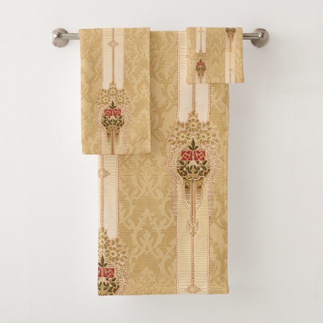 Elegant Floral Bands on Sculpted Gold Damask Bath Towel Set (Insitu)