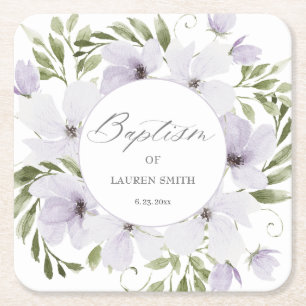 Elegant Floral Baptism Christening Script Square Paper Coaster