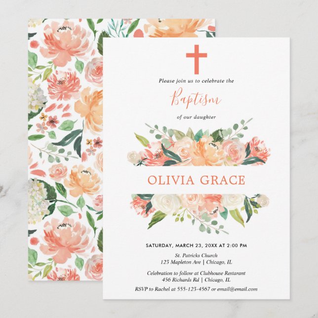 Elegant floral Baptism peach cream greenery Invitation (Front/Back)