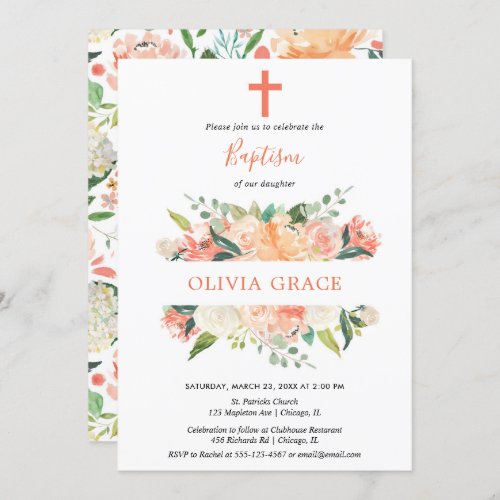 Elegant floral Baptism peach cream greenery Invitation
