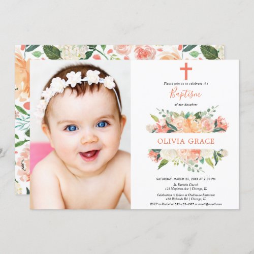 Elegant floral Baptism peach white cream girl Invitation