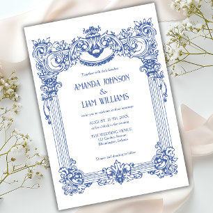 Elegant Floral Baroque Blue Column Wedding Invitation