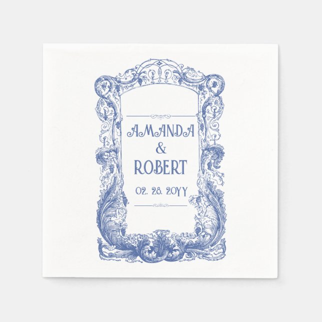 Elegant Floral Baroque Blue Column Wedding Napkins (Front)