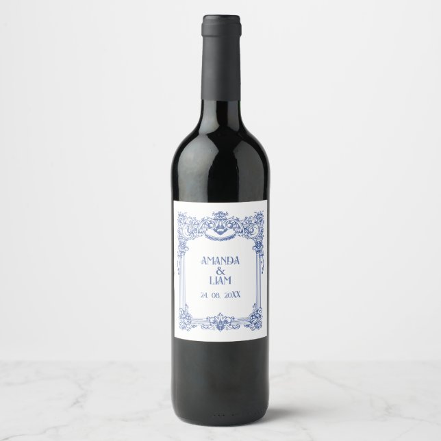 Elegant Floral Baroque Blue Column Wedding  Wine Label (Front)