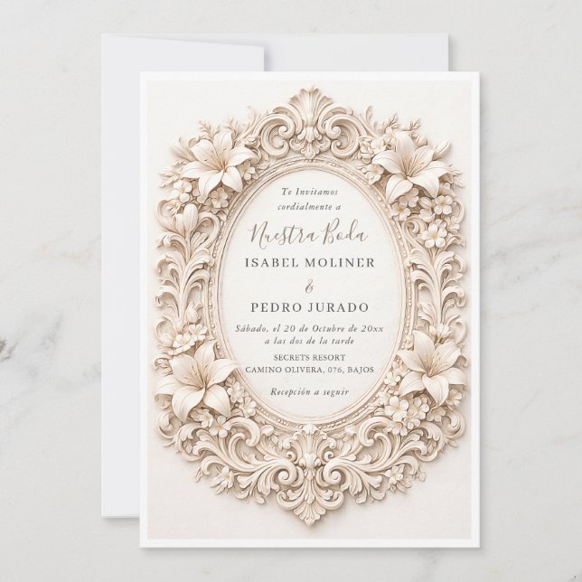 Elegant Floral Baroque Frame Nuestra Boda Wedding Invitation (Front)