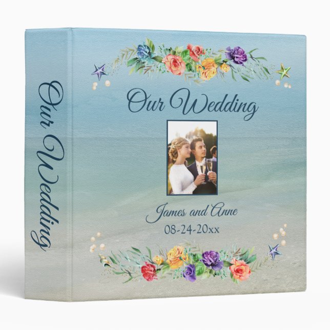Elegant Floral Beach Ocean Wedding 3 Ring Binder (Front/Spine)