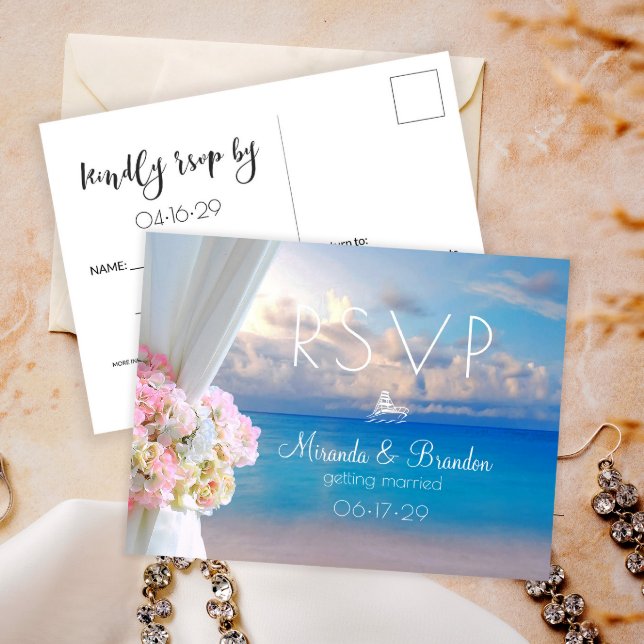 Elegant Floral Beach Summer Sunset Wedding RSVP Announcement Postcard