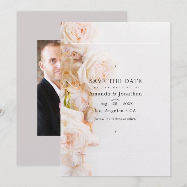Elegant Floral Beach Wedding Photo Save The Date (Front/Back)