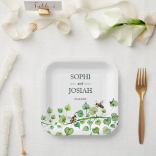 Elegant floral Bee love natural wedding Paper Plates