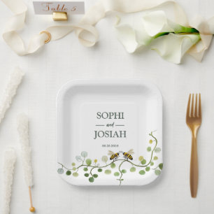 Elegant floral Bee love natural wedding Paper Plates