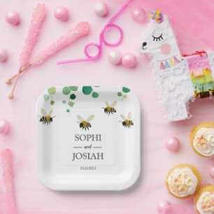Elegant floral Bee love natural wedding Paper Plates
