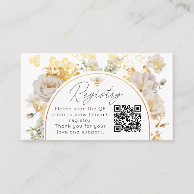 Elegant floral bee Registry QR Code Enclosure Card (Front)