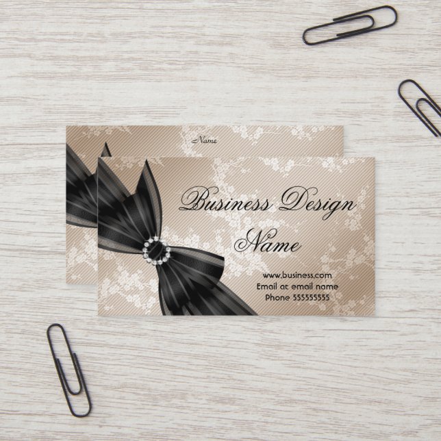 Elegant Floral Beige Blossom Black Diamond Bow Business Card (Front/Back In Situ)