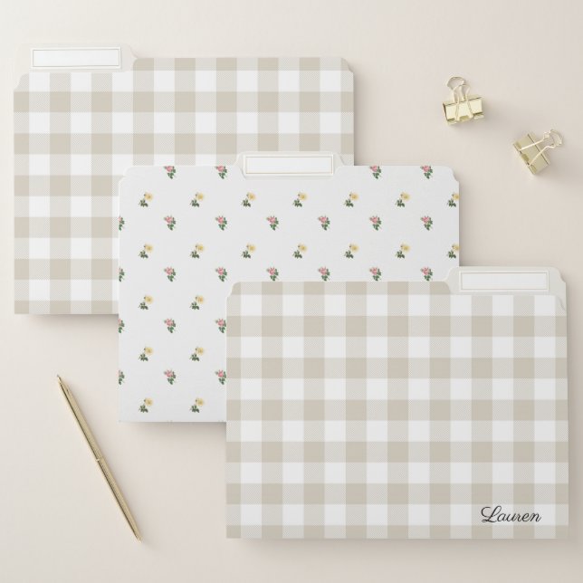 Elegant Floral Beige Buffalo Check Personalized File Folder (Set)