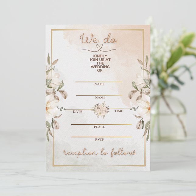 Elegant Floral Beige Watercolor Minimal Gold Frame Invitation (Standing Front)