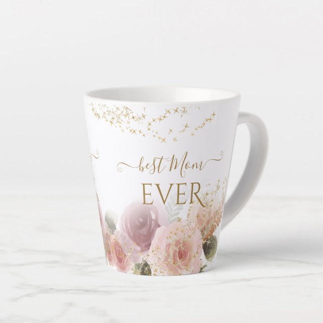Elegant Floral Best Mom Ever Girly Gold Glitter Latte Mug (Right Angle)