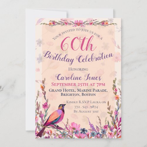 Elegant Floral Bird 60th Birthday Party Invitation