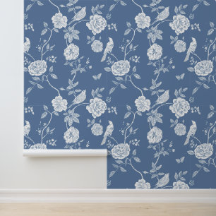 Elegant Floral Birds Blue Toile Wallpaper