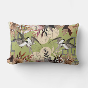 Elegant Floral, Birds Geometrics on Olive Green Lumbar Pillow
