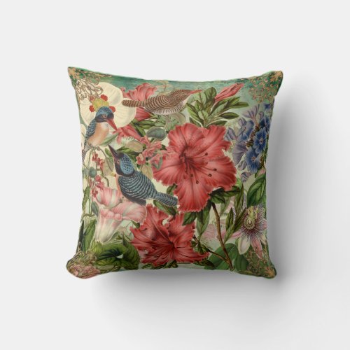 Elegant Floral Birds Ornate Trim Throw Pillow