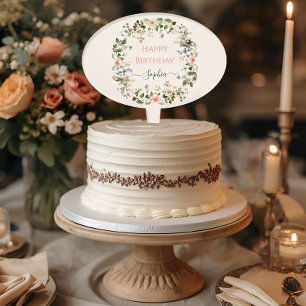 Elegant Floral Birthday – Custom Name Party Design Cake Topper