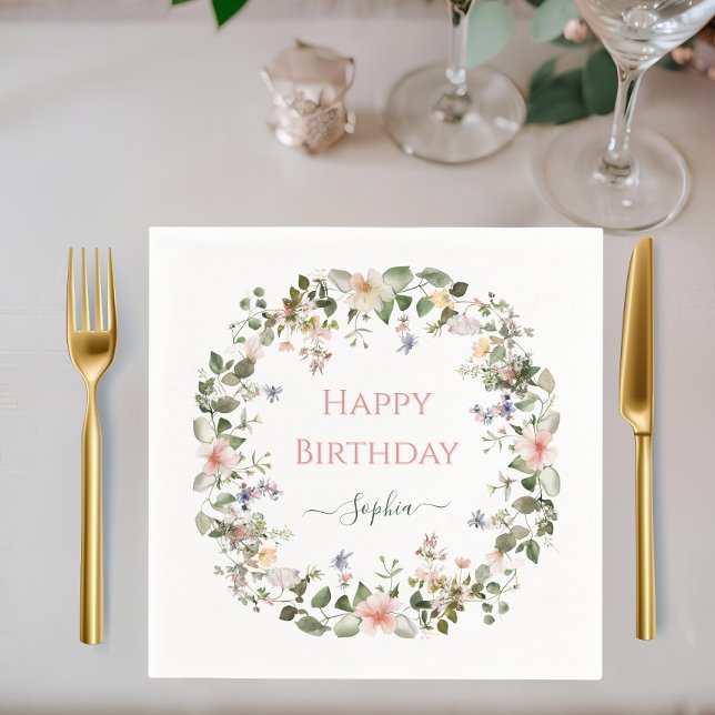 Elegant Floral Birthday – Custom Name Party Napkin (Creator Uploaded)
