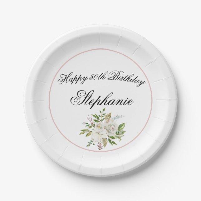Elegant Floral Birthday Paper Plates (Front)