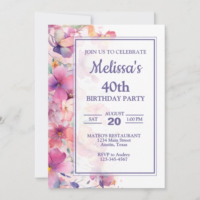 Elegant Floral Birthday Party Invitation (Front)