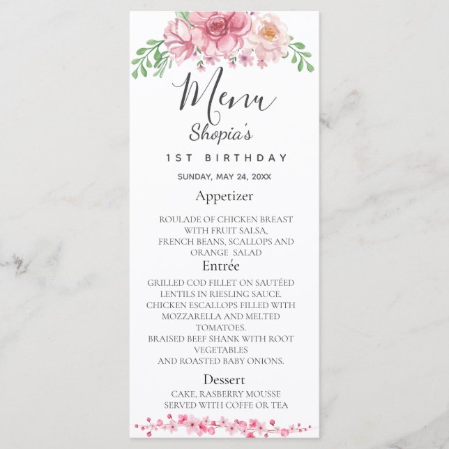 Elegant Floral Birthday Party Menu (Front)