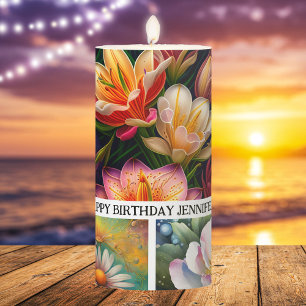 Elegant Floral Birthday Photo  Pillar Candle