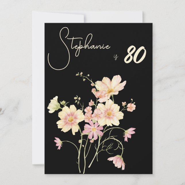 Elegant Floral Black  80th Birthday Rose Gold Foil Invitation (Front)