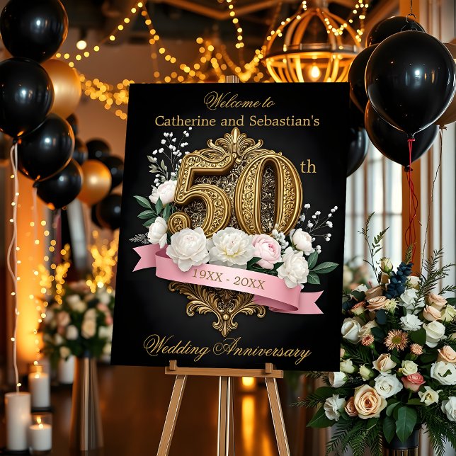 Elegant Floral Black and Gold 50th Anniversary Foam Board (Creator Uploaded)