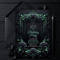 Elegant Floral Black and Green Party Invitation