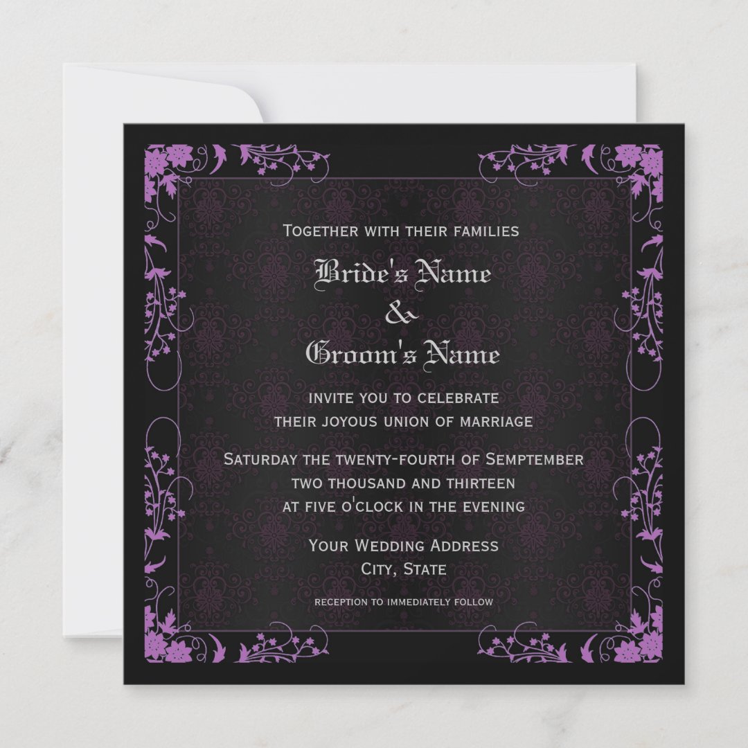 Elegant Floral Black and Purple Damask Wedding Invitation | Zazzle