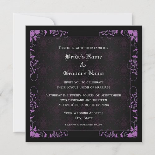 Elegant Floral Black and Purple Damask Wedding Invites