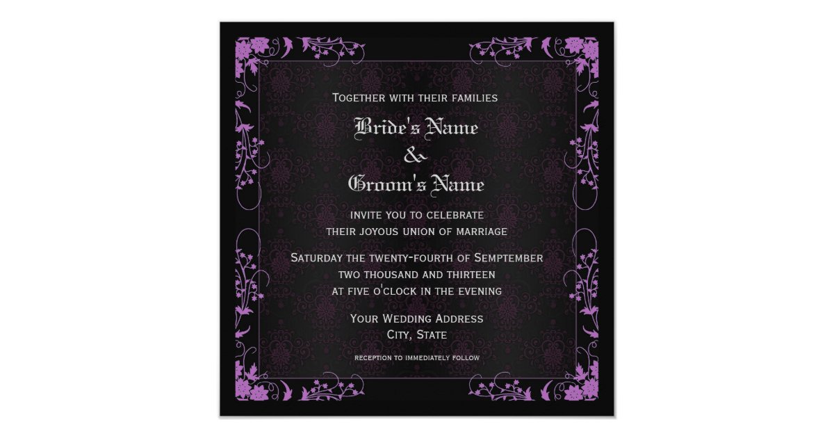 Elegant Floral Black and Purple Damask Wedding Invitation