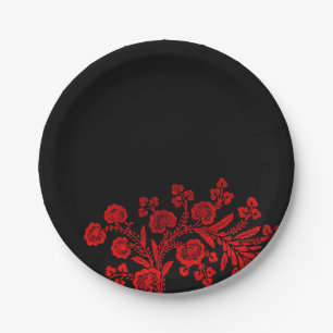 Elegant Floral Black and Red Paper Plates