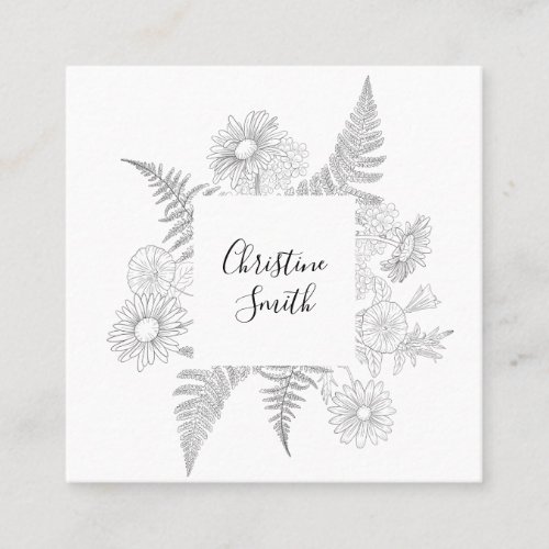 Elegant Floral Black And White Minimalist Square Business Card