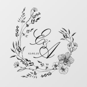 Elegant, Floral Black and White Monogram Wreath Floor Decals