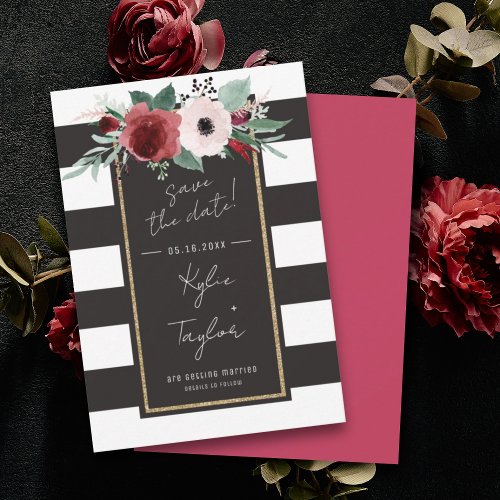 Elegant Floral Black and White Stripe Magenta Gold Save The Date