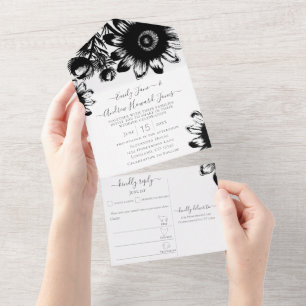 Elegant Floral Black and White Sunflower All In One Invitation