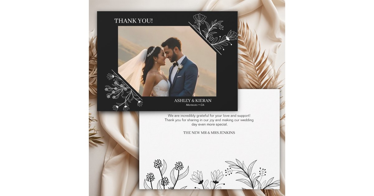 Elegant Floral Black and White Wedding Thank You Card | Zazzle