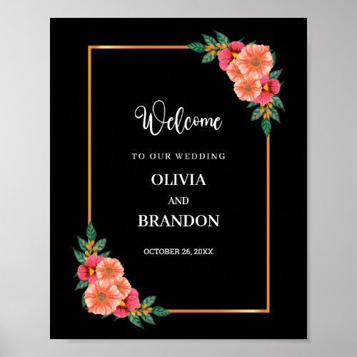 Elegant Floral Black and White Wedding Welcome Poster