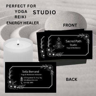 Elegant Floral Black And White Yoga Studio  Business Card