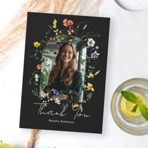 Elegant Floral Black Arch Graduate Thank You Card